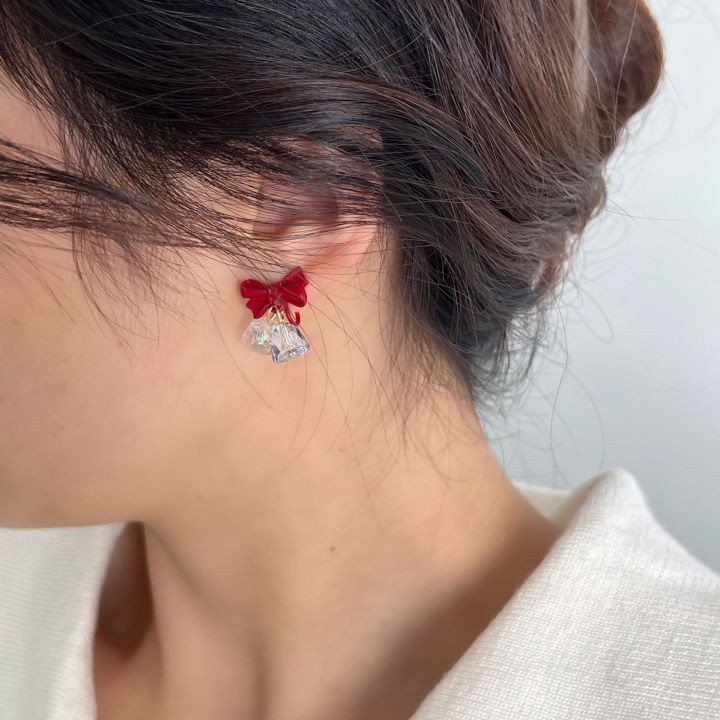 New Year's bow crystal earrings Christmas red earrings Autumn and winter sense of luxury, light luxury, niche simple earrings tide