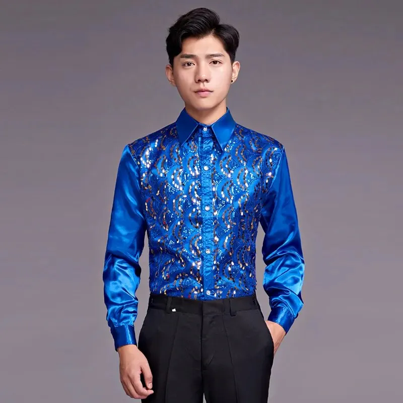 Shiny Royal Blue Sequin Satin Mens Dress Shirts Long Sleeve Slim