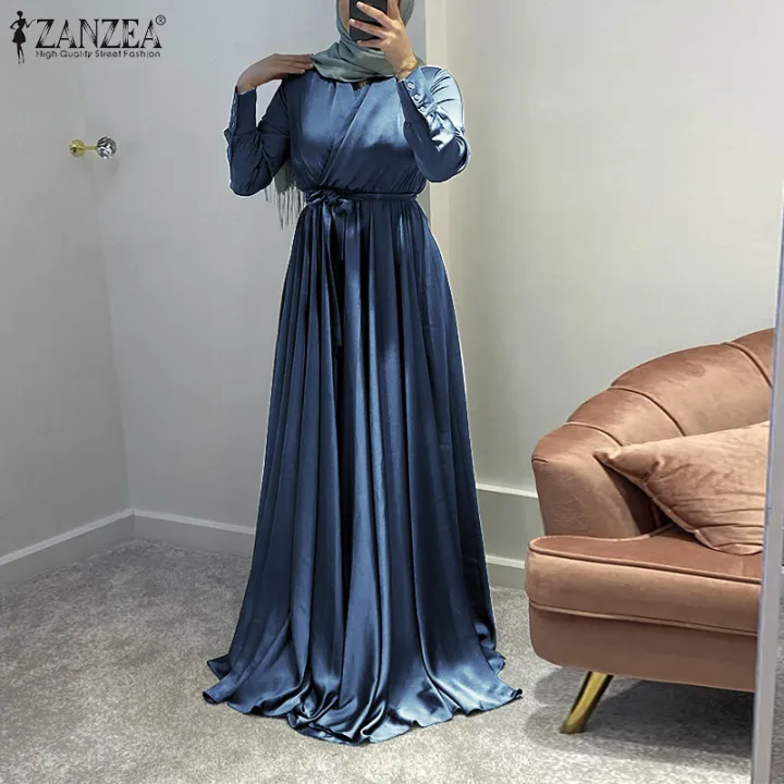 ZANZEA%20Muslimah%20Women%20Muslim%20V%20Neck%20Belt%20Long%20Sleeve%20Plain%20Satin%20Party%20Maxi%20Dress%20-%20Image%202