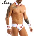 XXL Men Uniform Doctor Nurse Role Play Costume Outfits Briefs With Collar And Red Cross Cuff Set Sissy Crossdresser. 