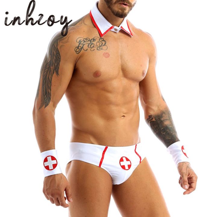 XXL Men Uniform Doctor Nurse Role Play Costume Outfits Briefs With Collar And Red Cross Cuff Set Sissy Crossdresser