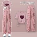 2023Summer a Set of Chubby Slimming Girls' Small Pink Overalls Suit Women's Fashion Fried Street Suit Pants.