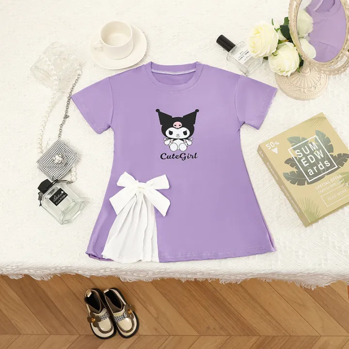 New%202024%20Summer%20Girl%20Cartoon%20Cute%20Short%20sleeved%20Children's%20Kuromi%20Princess%20Bow%20Dress%20-%20Image%202