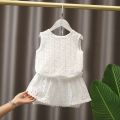 Girls 2028 Summer Clothing Sets Hollow Lace Suit Baby Casual Sleeveless T-shirt+Shorts Kids Clothing Sets Baby Clothes Outfits.