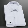 Solid Mens Classic French Cuffs Dress Shirt Long Sleeve Covered Placket Formal Business Standard-fit Design Wedding White Shirts.