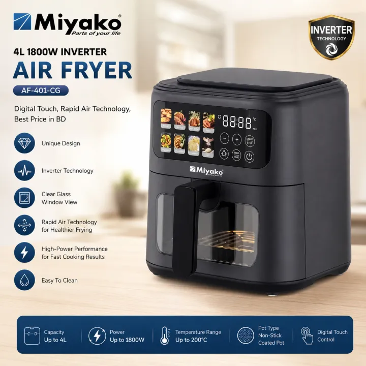 Miyako 4L Digital Air Fryer AF-401-CG – 1800W Inverter Technology