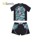 2Pcs Kids Girls Swimming Suit Round Neck Short Sleeves Floral Print Top Drawstring Boyshorts Beach Swimwear Bathing Suits. 