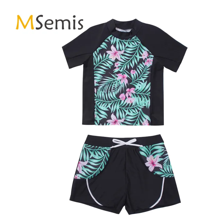 2Pcs%20Kids%20Girls%20Swimming%20Suit%20Round%20Neck%20Short%20Sleeves%20Floral%20Print%20Top%20Drawstring%20Boyshorts%20Beach%20Swimwear%20Bathing%20Suits%20-%20Image%203