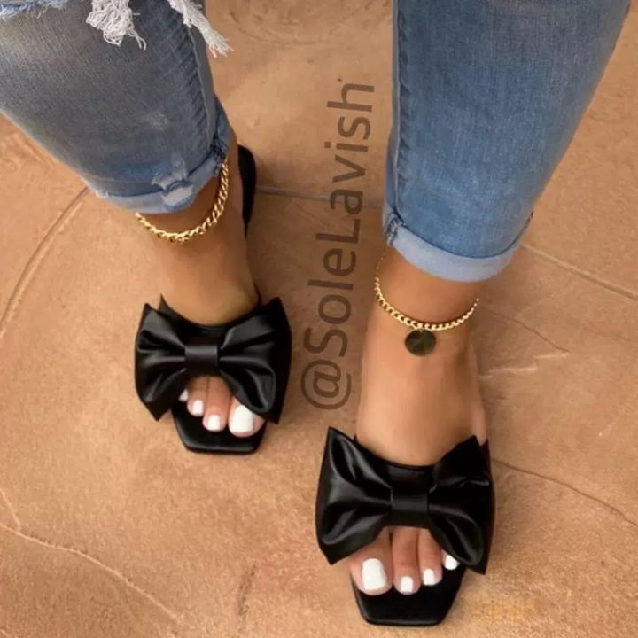 Cross-border%202020%20new%20European%20and%20American%20summer%20square%20toe%20flat%20bottom%20straight%20bow%20solid%20color%20bow%20women's%20sandals%20in%20stock%20-%20Image%202