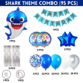 Cartoon Shark Theme Birthday Decoration Combo Pack – With Card Banner, Foil Backdrop Curtain, HQ Balloons, Deco Kit & More- Full Package- (Pack of 95 Pcs). 
