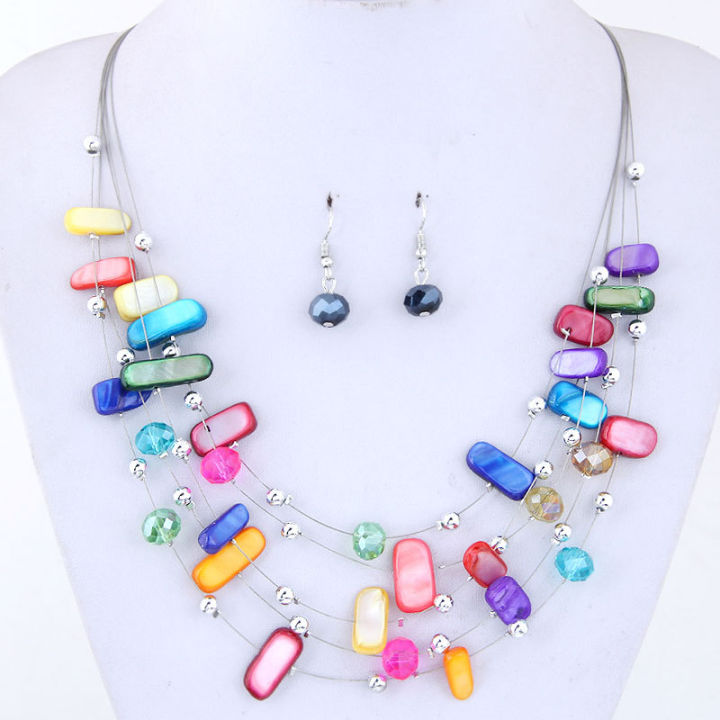 AliExpress wish exaggerated versatile crystal turquoise shell mix multi-layer necklace earrings set women's jewelry