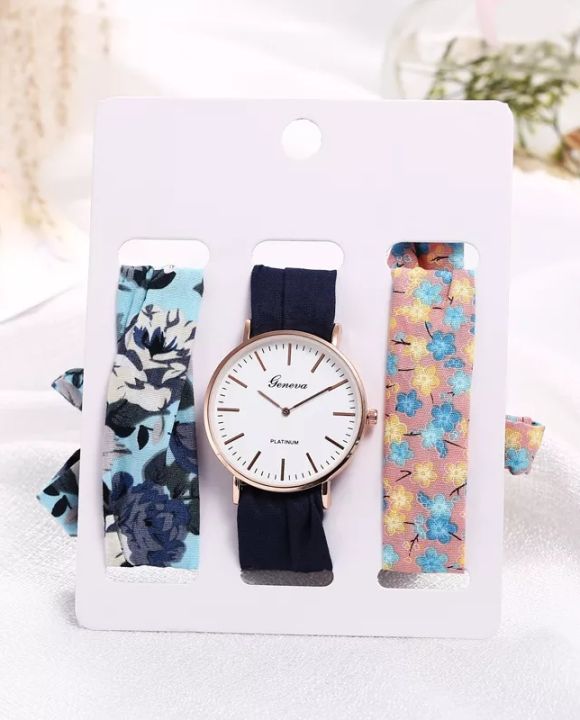 Ribbon Watch Fashion Watch 3pcs Fashion Lady Holiday Dress Cotton Silk Gold Silver Clock Watch Ribbon Strap Wrist Watches and Accessories for Women for Ladies