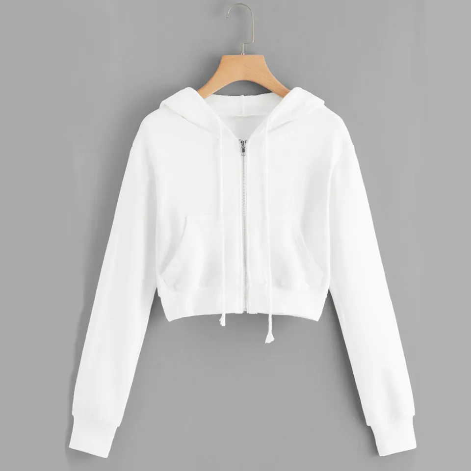 Casual White Crop Top Jacket Women Casual Solid Long Sleeve Zipper