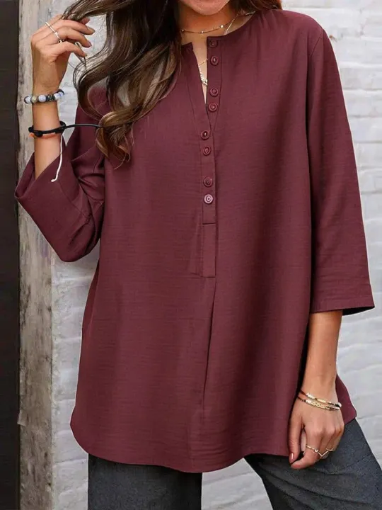 Whimsical%20White:%20Casual%20Tunic%20with%20Buttons%20and%20O-Neck%20-%20Image%206