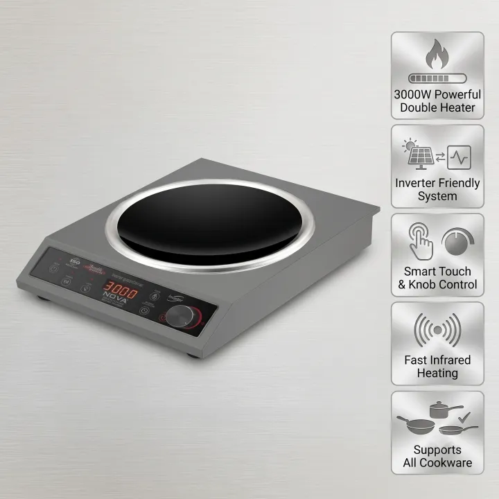 NOVA NV-1230-SS Infrared Cooker 3000W Double Heater Inverter Friendly Touch & Knob Control
