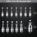 13Pcs Star Torx Bit Socket Set T8-T70 H2-H14, Sockets 1/4Inch,3/8Inch & 1/2Inch Drive for Hand Use Work Easy Install Easy to Use. 