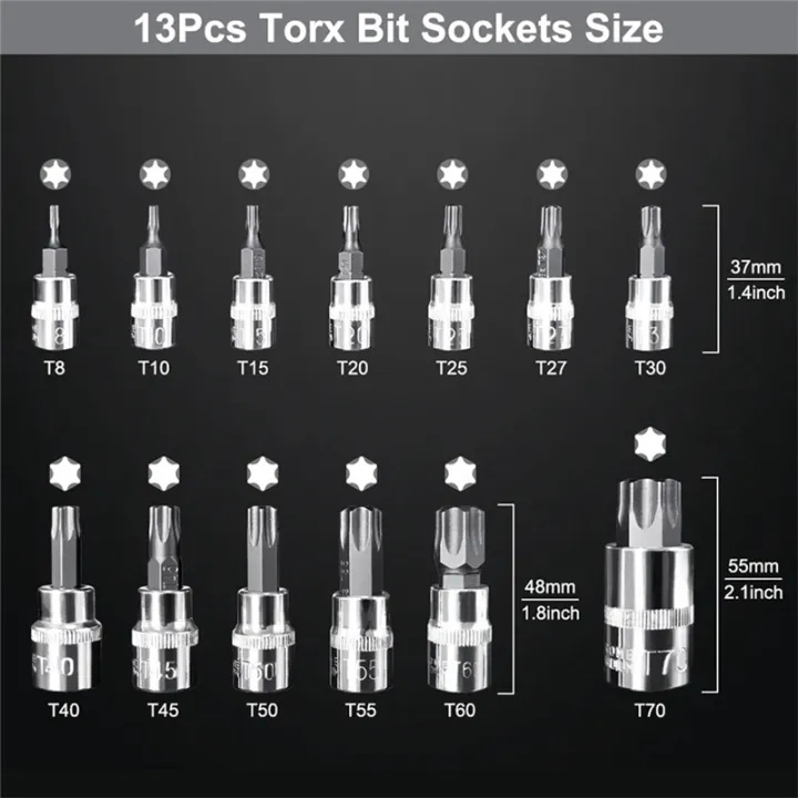13Pcs%20Star%20Torx%20Bit%20Socket%20Set%20T8-T70%20H2-H14,%20Sockets%201/4Inch,3/8Inch%20&%201/2Inch%20Drive%20for%20Hand%20Use%20Work%20Easy%20Install%20Easy%20to%20Use%20-%20Image%205