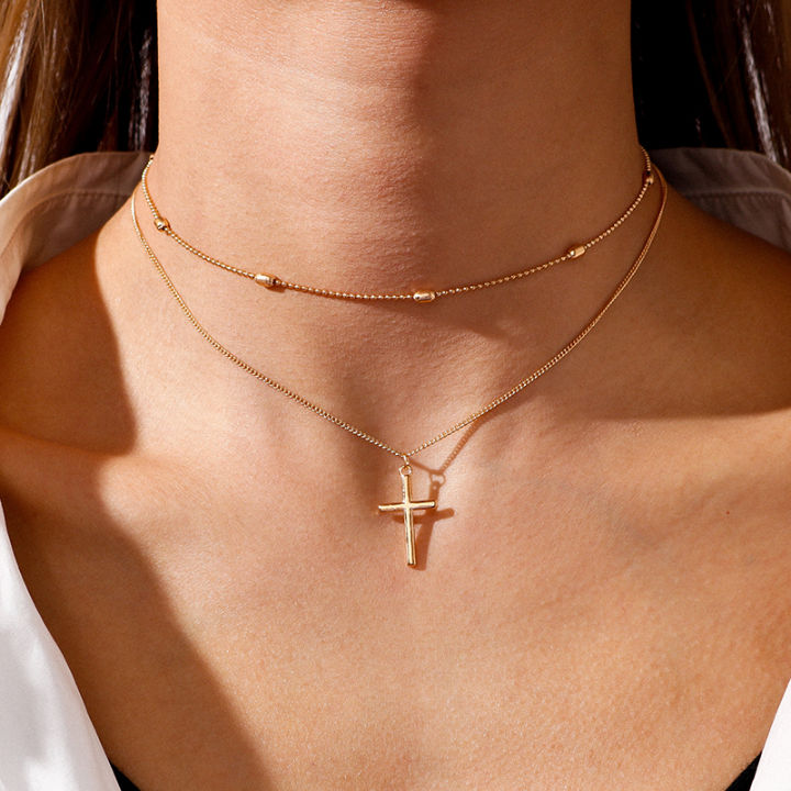 Women's jewelry necklace women's gold and silver retro cross pendant color multi-layer oval bead chain necklace simple