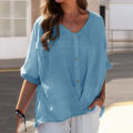 Refined Taste - Ladies plus size casual linen top blouses half sleeve button down cotton linen shirts - Durabilty Assured. 