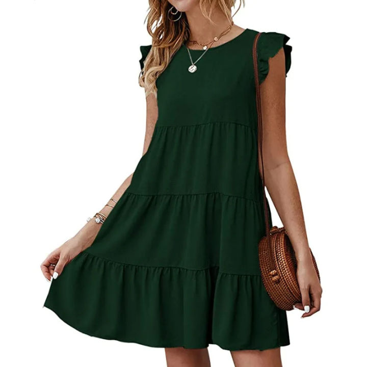 Women's%20Dress%20Solid%20Color%20Round%20Neck%20Short%20Sleeve%20Casual%20Cake%20Skirt%20Pleated%20Large%20Swing%20Skirt%20-%20Image%205