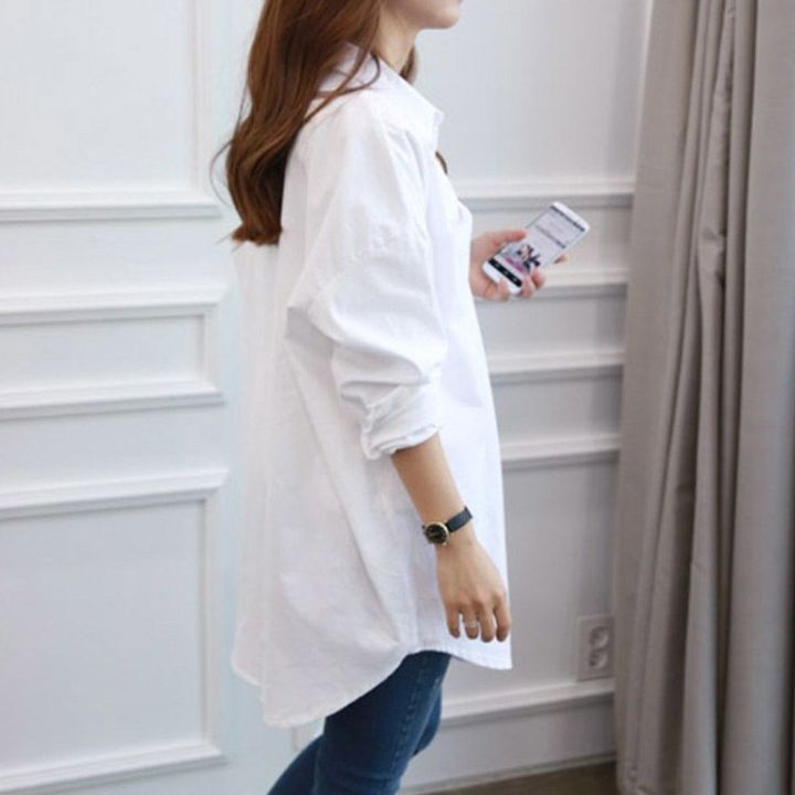 Mid-Length%20White%20Shirt%20for%20Female%20Students%20Loose%20Base%20Korean%20All-Match%20Simple%20Large%20Size%20Women's%20Shirt%20Sun%20Protection%20Clothing%20-%20Image%205