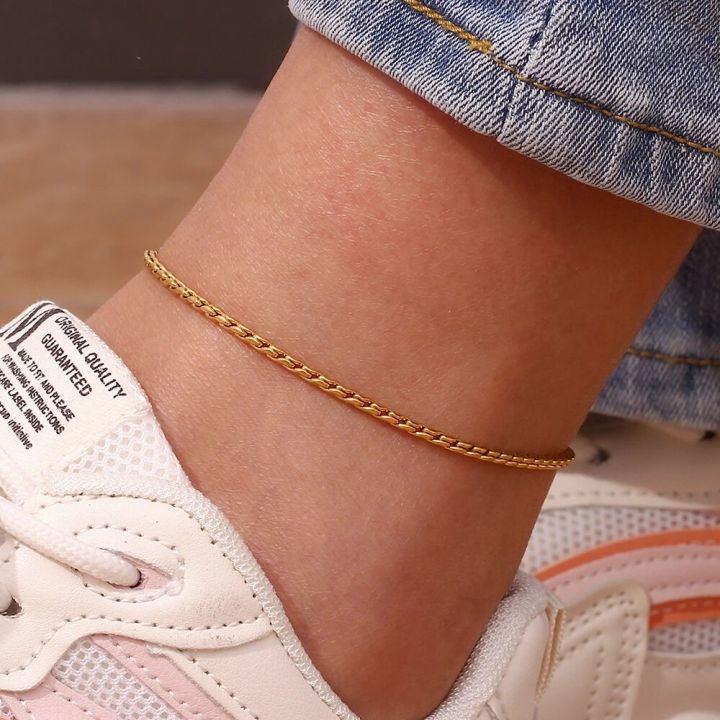 Stainless Steel Gold Plated Tarnish Free Jewelry Wheat Texture Rope Chain Anklets Bracelets Foot Leg Jewelry For Women Ladies