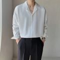Mature Men Clothing Senior Spring Cuban Neck Shirt for Men Solid Color Fashion Loose Casual Drop Long Sleeve Men Dress Shirt.
