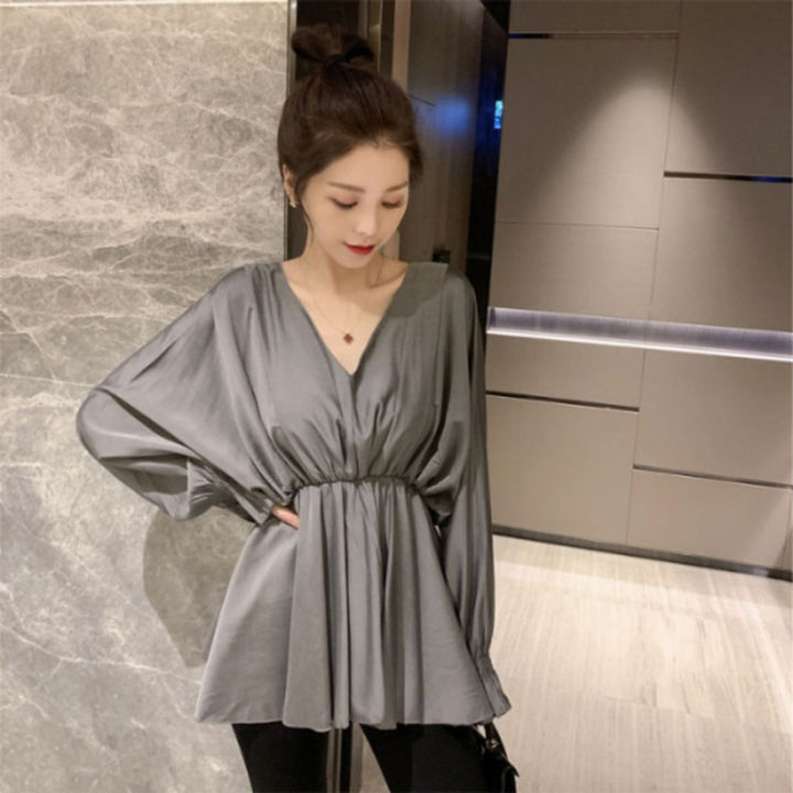 IELGY%20top%20waist%20shirt%20V-neck%20lantern%20sleeves%20design%20Korean%20version%20niche%20solid%20color%20casual%20-%20Image%205
