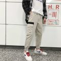 Men Casual Cargo Pants Solidckets Ankle-length Elastic Waist Fashion Streetwear All-match Korean Style Simple Chic Ins Loose. 