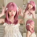 Medium Length Pink Layered Synthetic Wigs with Bangs Colorful Hair Pink Straight Wig for Cosplay Party Heat Resistant Fiber. 