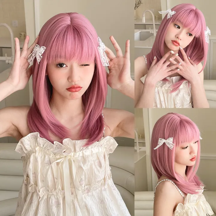Medium Length Pink Layered Synthetic Wigs with Bangs Colorful Hair Pink Straight Wig for Cosplay Party Heat Resistant Fiber