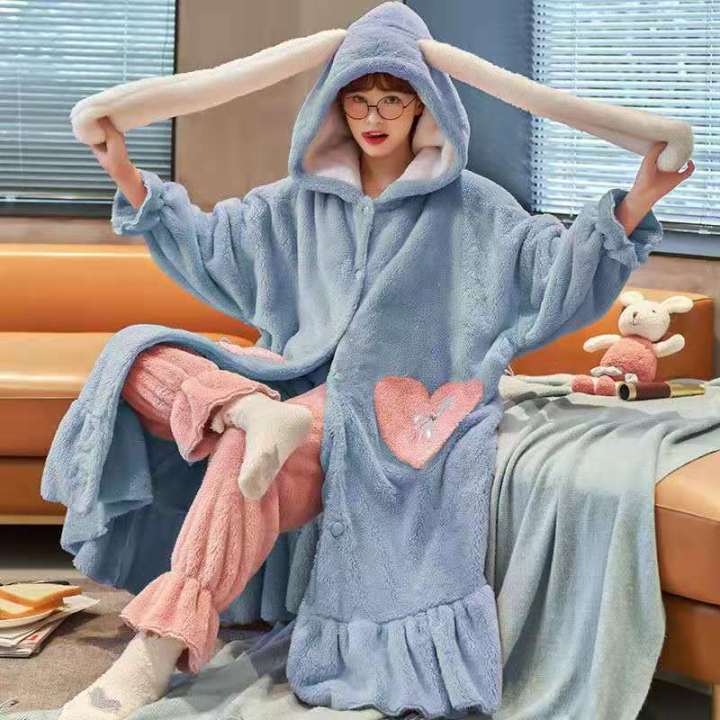 Autumn%20Winter%20Pajamas%20Sets%20For%20Women%20Flannel%20Thick%20Warm%20%20Hooded%20Nightgown%20Plush%20Coral%20Fleece%20Sleepwear%20Long%20Sleeve%20Home%20Clothes%20-%20Image%204