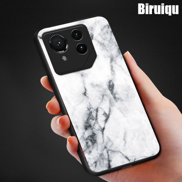 Biruiqu For ASUS ROG Phone 9 Pro Shockproof Fashion Marble Tempered Glass Back Case Cover