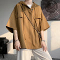 5 Colors Summer Hooded T shirt Men Korean Half Sleeve Pullover Streetwear Loose T-shirt Tops Drawstring Men Clothing 5XL-M. 