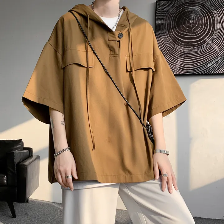 5%20Colors%20Summer%20Hooded%20T%20shirt%20Men%20Korean%20Half%20Sleeve%20Pullover%20Streetwear%20Loose%20T-shirt%20Tops%20Drawstring%20Men%20Clothing%205XL-M%20-%20Image%203