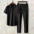 2Pcs/Set Summer Men's Suit Elastic Waistband Pleated Casual Outfit Men Business Short Sleeve Shirts Long Pants Set Male Clothing. 