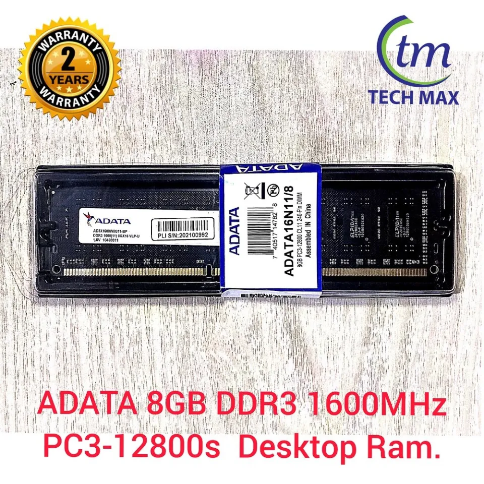 ADATA 8GB DDR3 1600 MHZ / PC3-12800 DESKTOP RAM, 240-pin