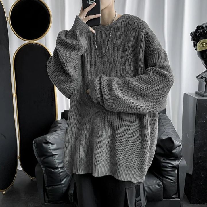 Knitted Sweater Men Autunmn Winter Warm Clothing Korean Fashion Long Sleeves Top Vintage Solid Baggy Pullover Y2K Male Clothes