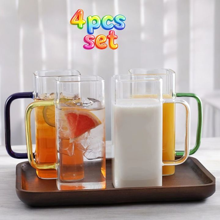 Heat-Resistant Glass Mug Set 380ml - Borosilicate Tea Coffee Cups (2 or 4 PCS) - Lightweight, Microwave Safe, Scratch-Resistant Clear Round Long Design for Daily Beverage Use.