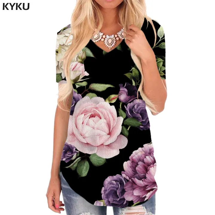 KYKU%20Flower%20T%20Shirt%20Women%20Painting%20V-neck%20Tshirt%20Art%20Shirt%20Print%20Peony%20Flower%20Funny%20T%20shirts%20Womens%20Clothing%20Fashion%20Loose%20-%20Image%203