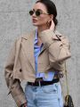 ZBZA Women's Fashion Belt Embellished Short Trench Coat Long Sleeve Front Button High Street Jacket Khaki Twill Slim Fit Jacket. 