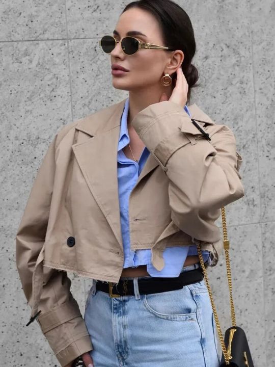 ZBZA%20Women's%20Fashion%20Belt%20Embellished%20Short%20Trench%20Coat%20Long%20Sleeve%20Front%20Button%20High%20Street%20Jacket%20Khaki%20Twill%20Slim%20Fit%20Jacket%20-%20Image%203