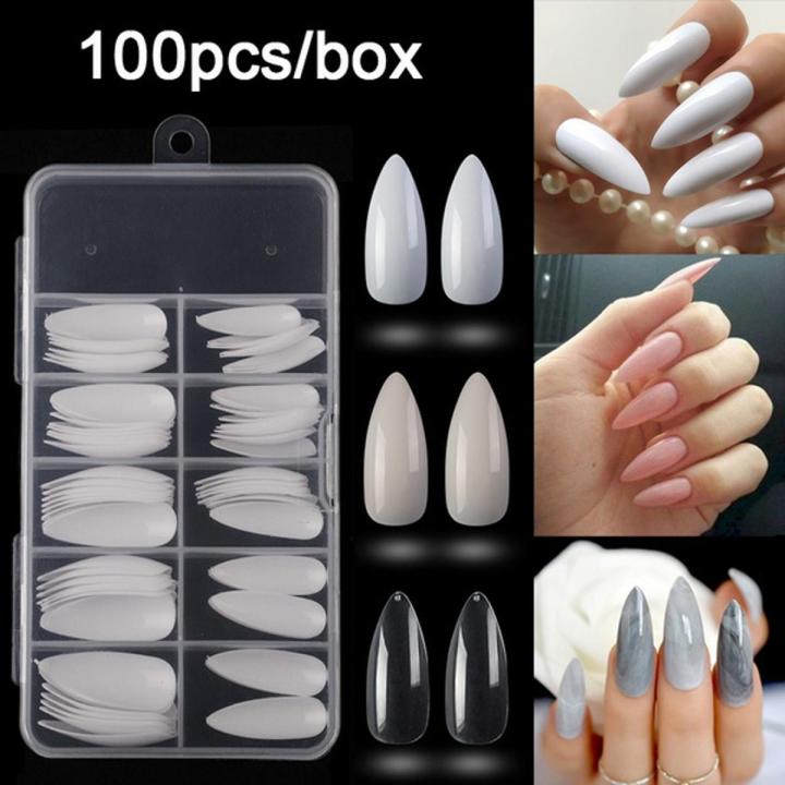 100Pcs/box Long False Nails Full Cover Almond Shape Stiletto Fake Nails Art Tips Acrylic Manicure 10 Sizes Nail