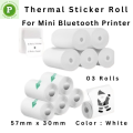 3 Rolls, Size: 57mm X 30mm, Self-Adhesive Inkless Waterproof White Color Thermal Sticker Paper Roll  - Perfect For Mini Printer, Portable Printer, Printer Mini, Label Printer, Model C9, PT 210, 230,X5, X6,C22 Etc.. 