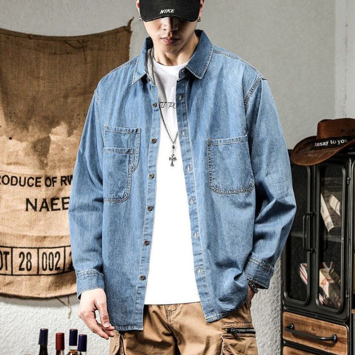 Spring%20and%20Autumn%20Washed%20Denim%20Shirt%20Men's%20American%20Retro%20Casual%20Korean%20Style%20Work%20Clothes%20Loose%20Ruffle%20Cool%20and%20Wild%20Shirt%20-%20Image%204