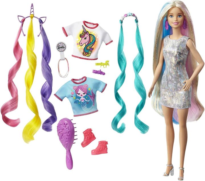 Barbie%20Fantasy%20Hair%20Doll,%20Blonde,%20with%202%20Decorated%20Crowns,%202%20Tops%20and%20Accessories%20for%20Mermaid%20and%20Unicorn%20Looks,%20Plus%20Styling%20Pieces,%20for%20Kids%20Ages%203%20to%207%20-%20Image%202
