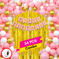 Birthday Decorations Pink Combo Set - 34-Piece Pack with Pink, Golden, and White Metallic Balloons, Birthday Pink Paper Banner, Golden Foil Curtain, and Glue Dot Roll. 