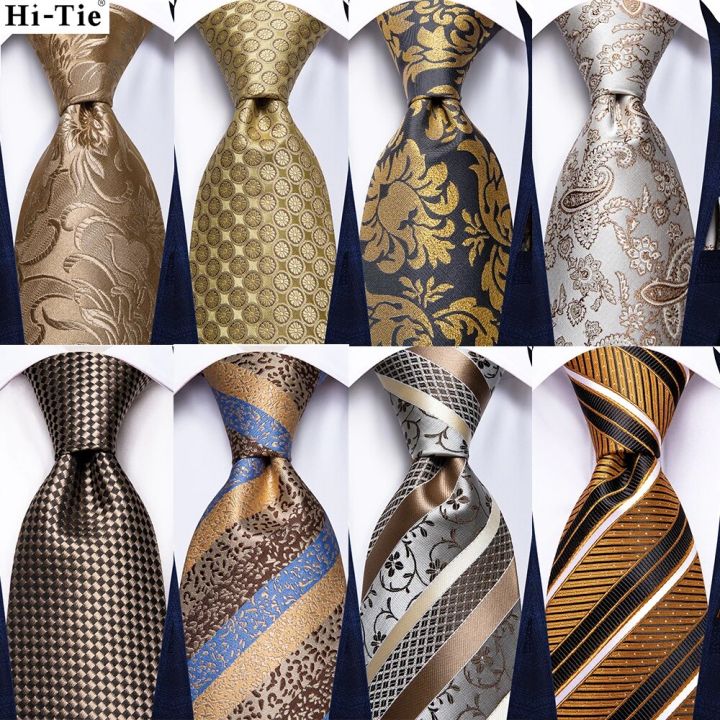 Hi-Tie Gold Striped Paisley Solid Men Silk Wedding Tie Fashion Design Necktie For Men Hanky Cufflink Business Party