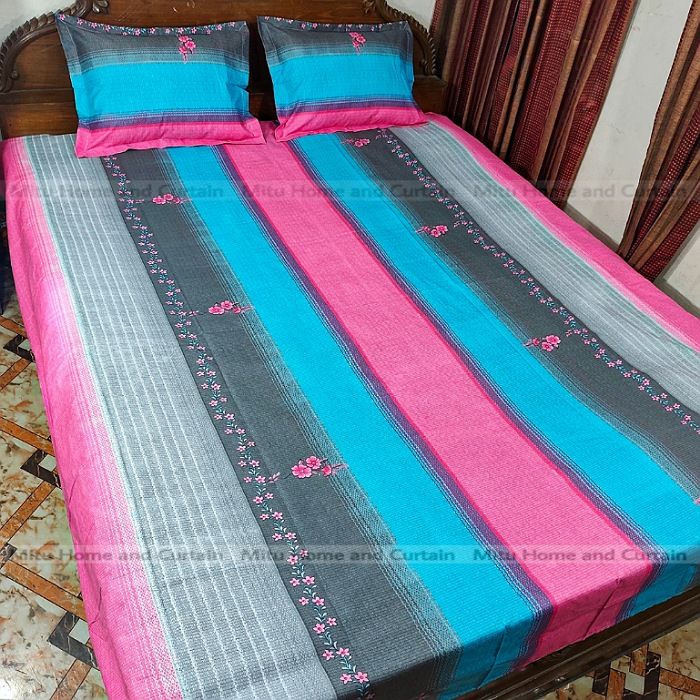 King size Bedsheet with Pillow cover Chador set 7.5×8.25 feet Full cotton fabric Pink , Light ash
