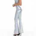PU Leather Metallic Pants Shiny Holographic Flare Pants Women Girls Bodycon Elastic Waist Bell Bottom Trousers Clubwear. 